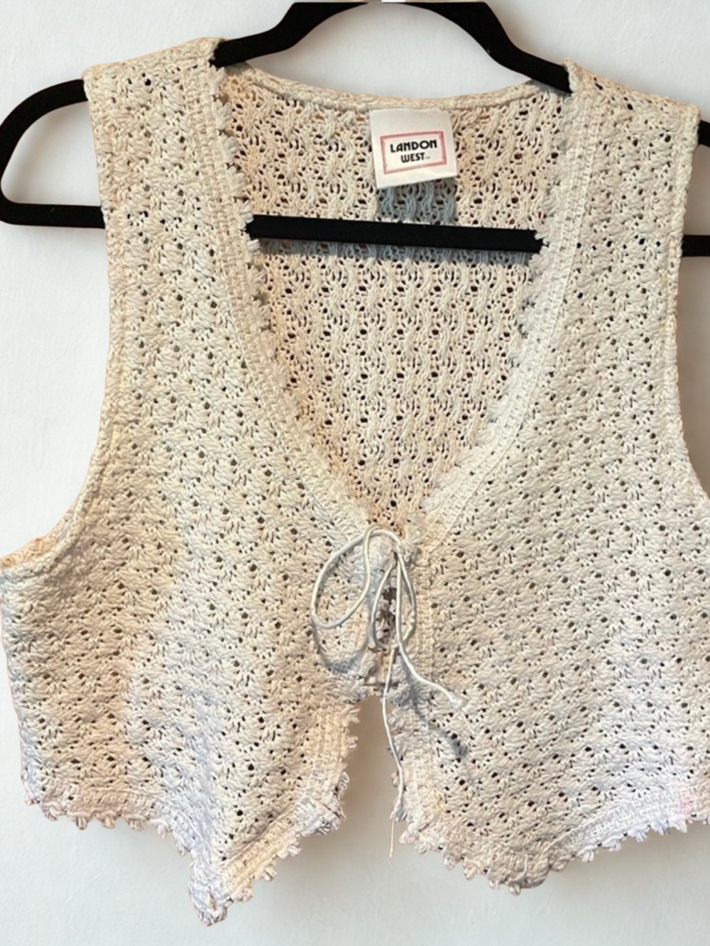Vintage Landon West Crochet Knit Vest Large Cream Boho Tie Front Cottagecore - Picture 2 of 5